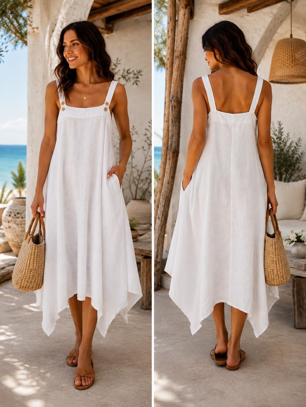 Vasna White Linen Dress Sz M Made in Italy Lagenlook Asymmetrical Resort Coastal